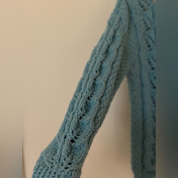 Cotton Hand Made Crew Neck Long Sleeves Teal Cable Knit Sweater size Medium - Picture 8 of 9